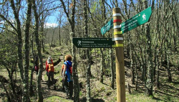 grupo de senderistas en ruta de los pueblos negros de guadalajara cerca de el cardoso de la sierra